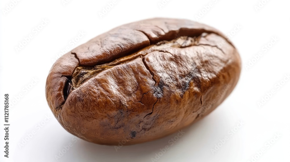 Poster Close up of a single roasted coffee bean isolated on a white background showcasing its rich texture and unique features in macro detail