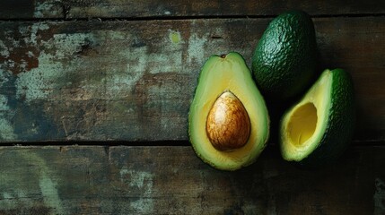 Ripe avocados and avocado oil on rustic wooden surface for healthy eating and culinary themes