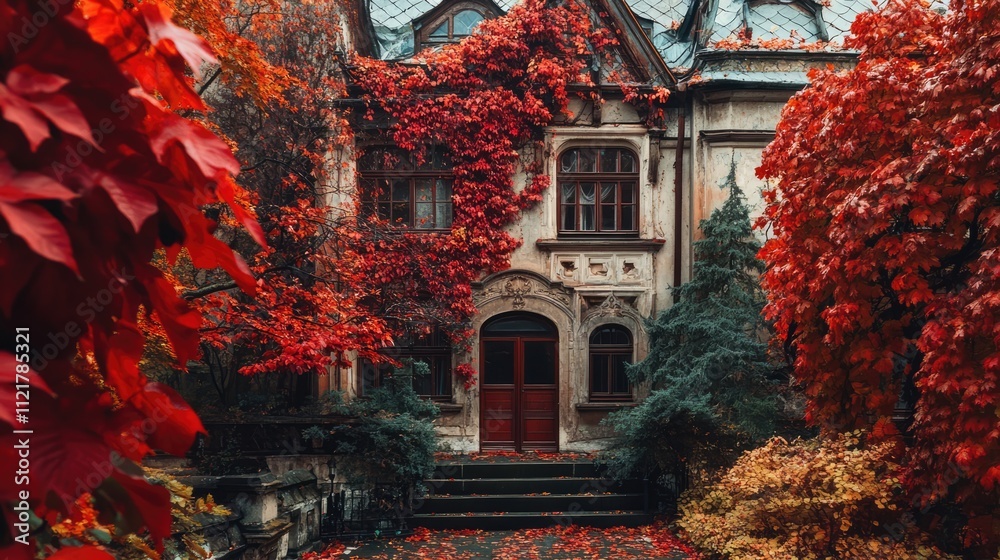 Poster vibrant red foliage enveloping historic architecture showcasing the beauty of nature and design in a