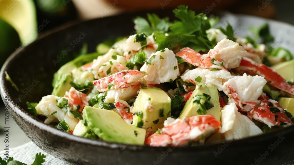 Poster avocado and crab stick salad garnished with fresh herbs in a rustic bowl on a textured surface