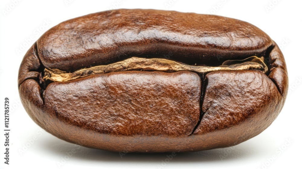 Poster close-up of a roasted coffee bean isolated on a white background highlighting its rich texture and n