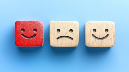 Faces on wooden cubes showing sad neutral and happy emotions over a blue background representing customer feedback and satisfaction evaluation