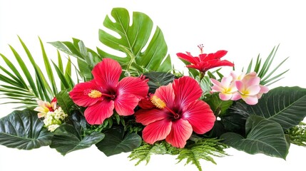 Tropical floral arrangement featuring vibrant red hibiscus and plumeria flowers with lush green leaves on a white background