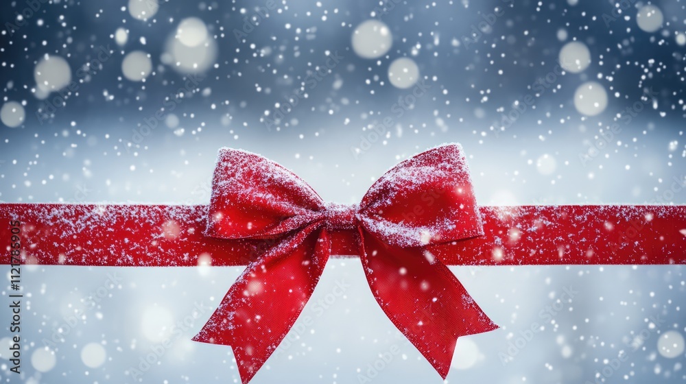 Poster red bow on a snowy backdrop with delicate snowfall creating a festive winter atmosphere ideal for ho