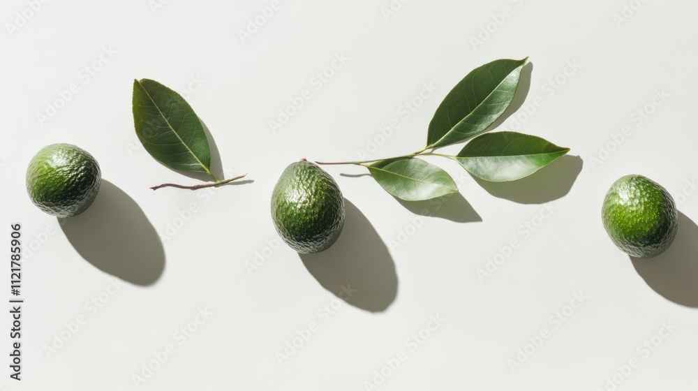 Aufkleber fresh green avocados elegantly arranged with leaves on a minimalistic white background for a modern 