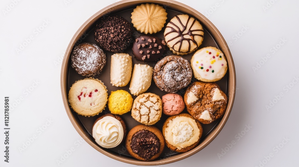 Poster Assorted cookies in a decorative round box displayed on a clean white surface perfect for dessert promotions or bakery advertising