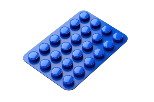 A blue rectangular object with multiple raised circular studs, showcasing a smooth surface and a uniform pattern.