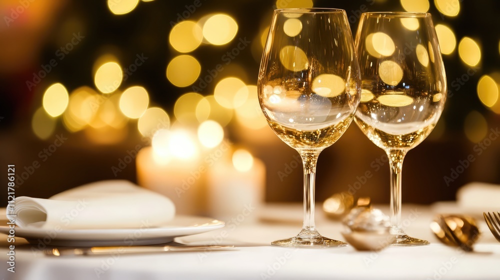 Poster Elegant restaurant table setting with blurred bokeh lights and wine glasses creates a warm and inviting atmosphere for dining experiences.