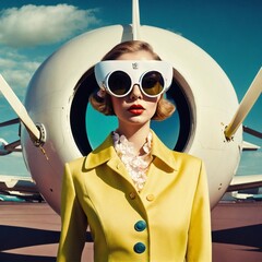 woman on the plane with stylish sunglasses