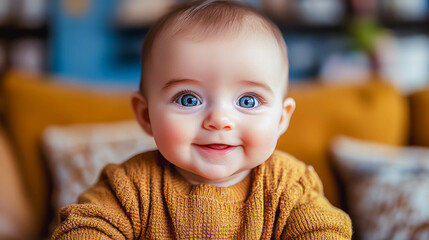 Close-up portrait smiling baby with bright blue eyes, dressed in a warm sweater, set against a cozy home interior featuring a mustard-yellow couch and soft cushions themes of family love and joy