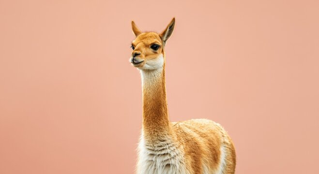 Graceful vicuna against minimal peach background for nature and wildlife themes
