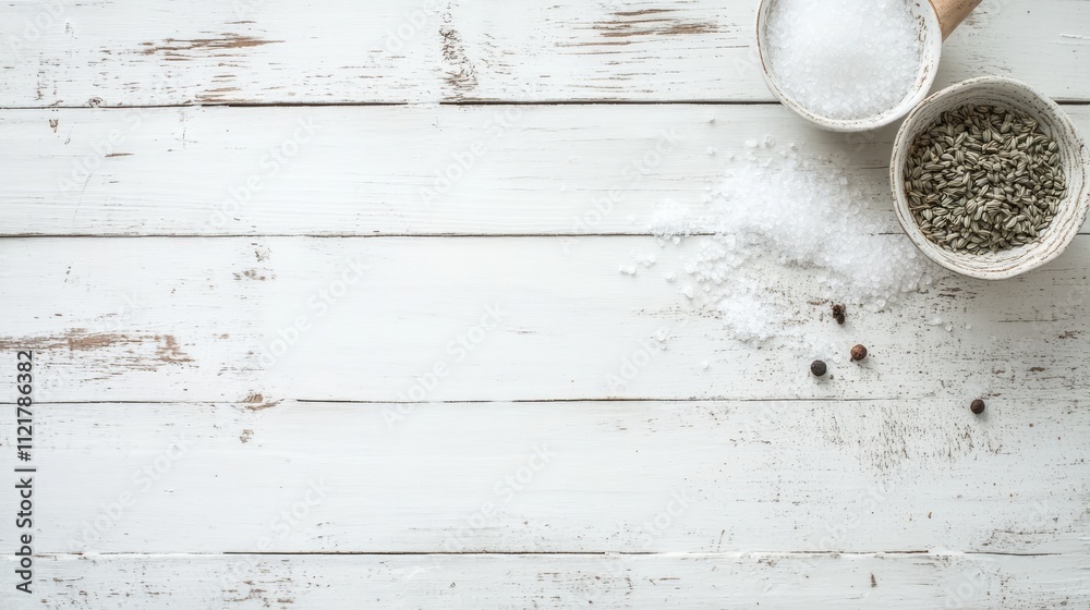 Poster salt and spices on rustic wooden surface with salt and seeds in bowls for culinary and cooking conce