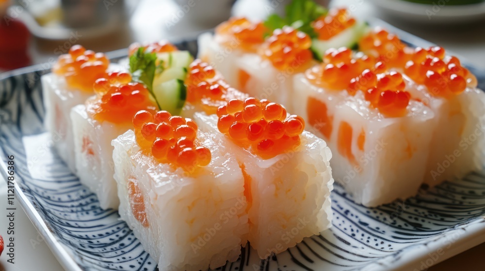 Poster rice roll with salmon and shrimp eggs garnished on a decorative plate
