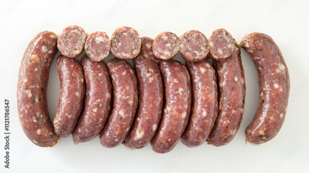 Poster Sausages arranged neatly in a row on a clean white background showcasing fresh meat products for culinary use