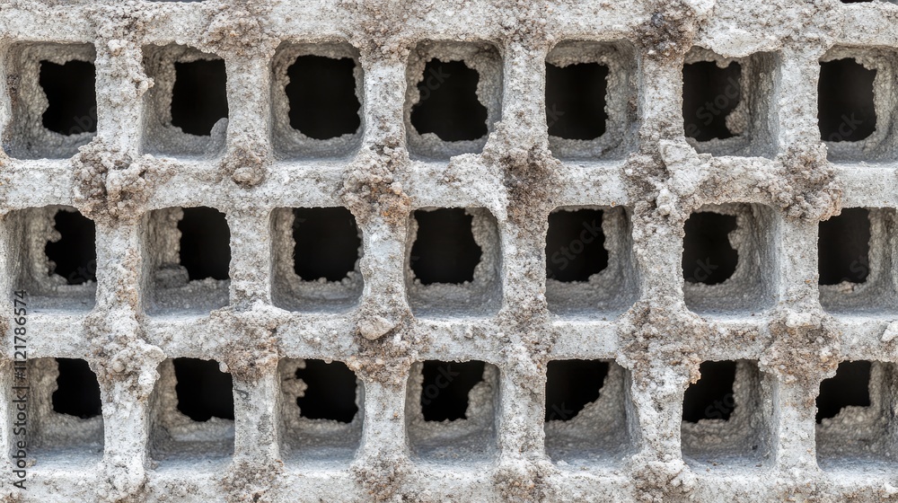 Poster textured concrete wall with square openings for industrial backgrounds or architectural designs show