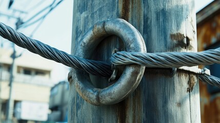 Neatly organized electric pole showcasing cable management with a loop, demonstrating technical expertise in power line maintenance.
