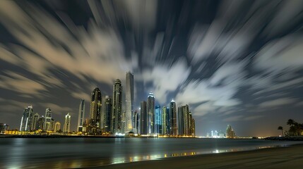 Time-lapse style shot of clouds moving rapidly around a cluster of skyscrapers.