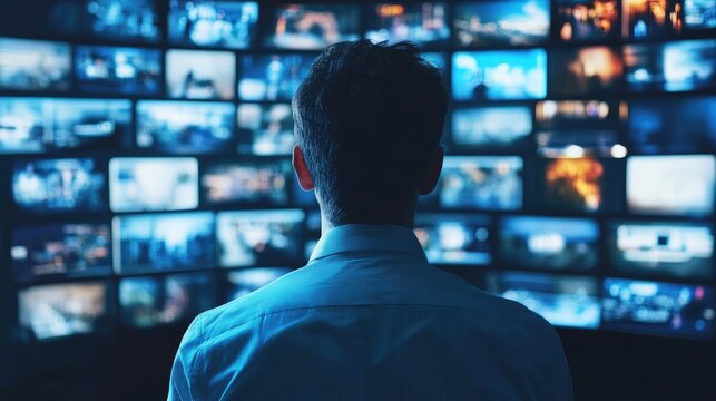 Man Observing Multiple Screens Displaying Media Content in a High-Tech Control Room Environment