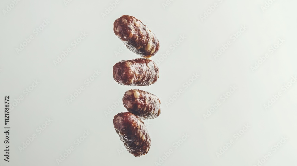 Aufkleber sausages suspended in mid-air against a minimalist white background showcasing their texture and col