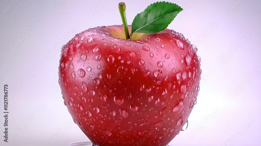 Poster shiny red apple with water droplets and green leaf on a clean white background emphasizing freshness