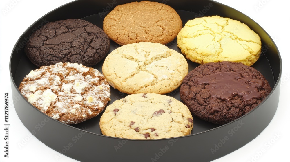 Poster Assorted homemade cookies in a black round box arranged on a white background showcasing various flavors and textures.