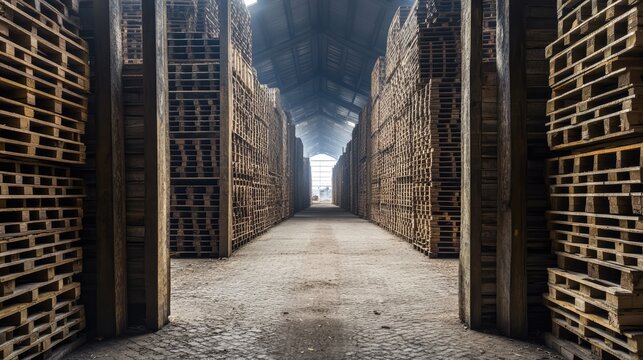 Stock image of wooden pallets arranged in a warehouse for cargo loading and transportation in the manufacturing and freight delivery industry