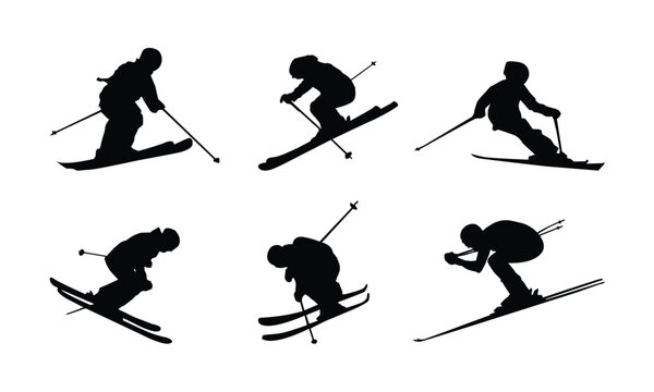 Silhouette Illustrations of Skiers Performing Various Dynamic Winter Sports Poses