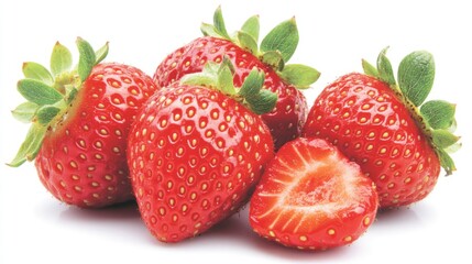 Fresh strawberries arranged artistically on a clean white background showcasing their vibrant red color and texture.