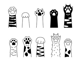 Paws up pets set. black and white icon.