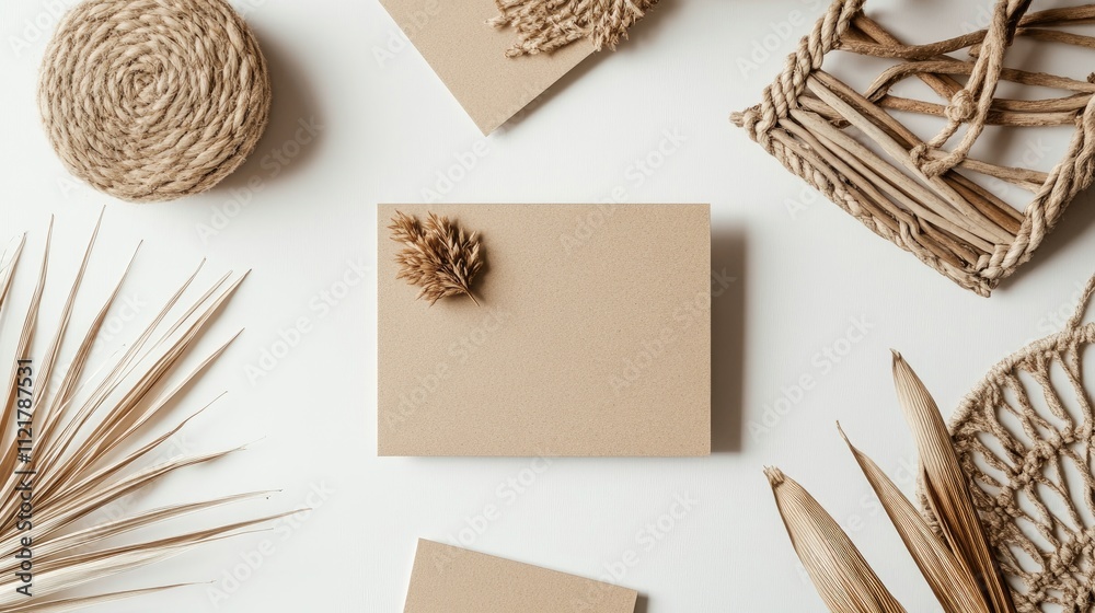 Poster scandinavian boho style blank kraft business card mockup with natural elements on white background