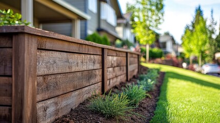 Wooden retaining wall in residential neighborhood providing erosion control and landscape enhancement with lush greenery and vibrant surroundings