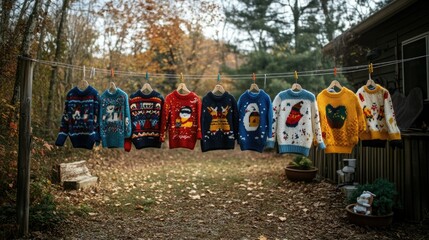 Colorful Ugly Sweaters Hanging on Clothesline