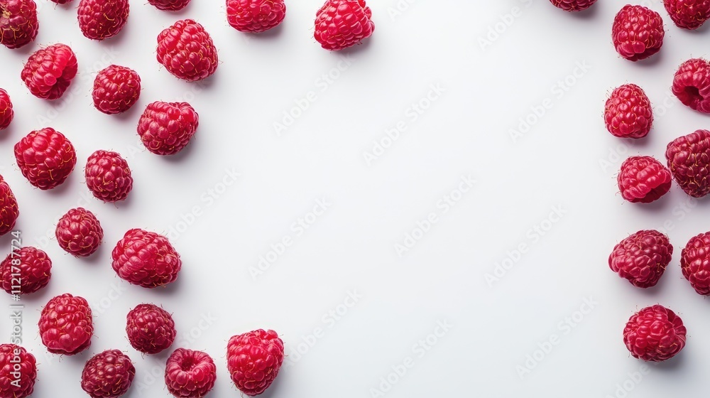 Poster fresh ripe raspberries arranged on a clean white background with ample negative space for design or 