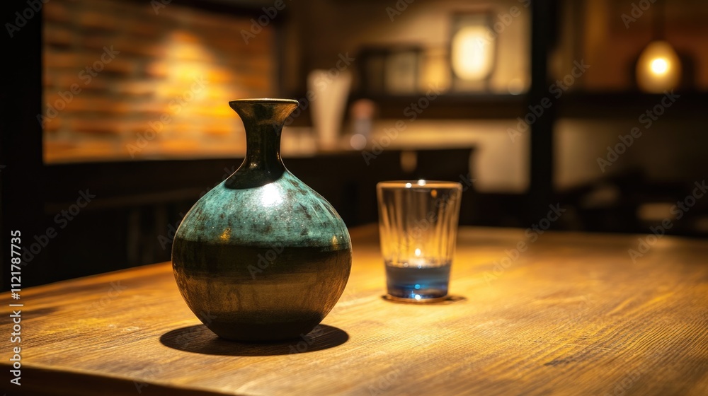 Aufkleber elegant sauce jar with a green hue on a wooden table featuring a tea glass softly illuminated in a c