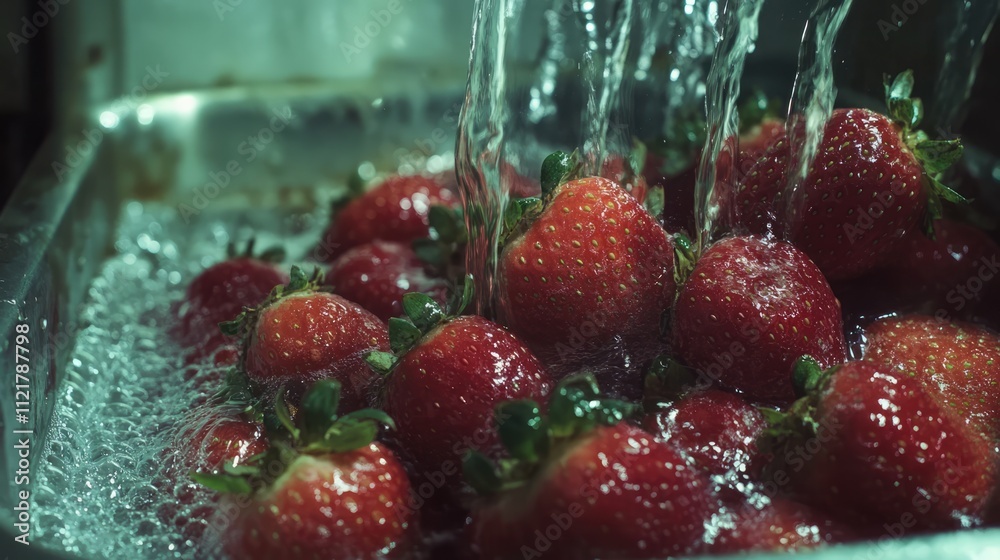 Poster fresh ripe strawberries being rinsed under running water with selective focus highlighting their vib