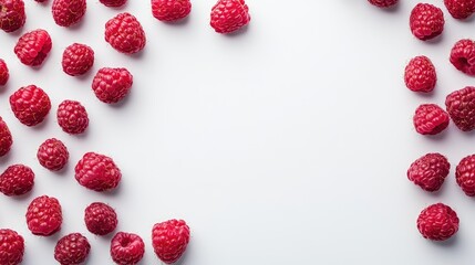 Fresh ripe raspberries arranged on a clean white background with ample negative space for design or culinary themes