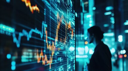 Futuristic Businesswoman Analyzing Financial Data on a Digital Screen in a High-Tech Urban Environment at Night with Vibrant Blue and Orange Graphics