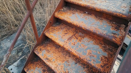 Rusty staircase with peeling steel brown color showcasing a weathered and industrial aesthetic ideal for urban exploration themes.