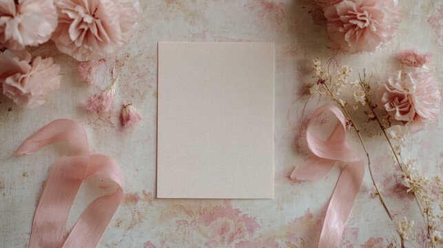 Elegant summer wedding stationery mockup with blank card and pink accents on floral background feminine flat lay composition