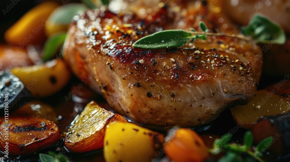 Poster roasted pork with colorful vegetables featuring selective focus and garnished with herbs for a delic