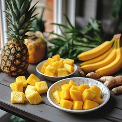Fresh tropical fruits with pineapple, mango, bananas, and ginger