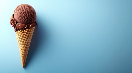 Chocolate ice cream in a waffle cone on a blue background perfect for dessert promotions and summer-themed designs.