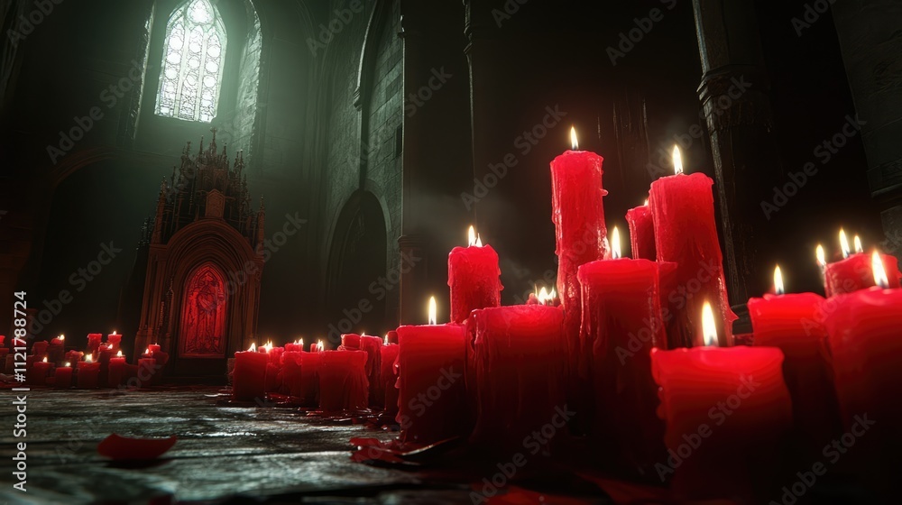 Aufkleber Red candles illuminating a dark, atmospheric setting with soft shadows and a gothic architectural backdrop