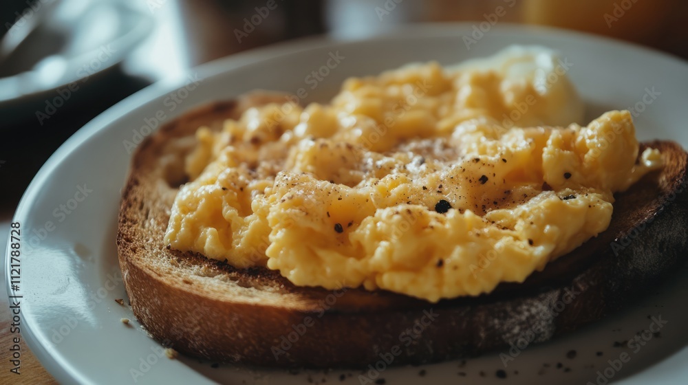 Poster scrambled eggs on toasted bread with pepper seasoning served on a white plate in a cozy breakfast se
