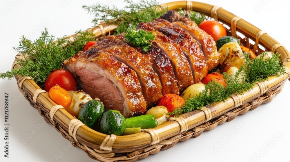 Poster roast pork with colorful vegetables arranged on a bamboo tray showcasing a delicious meal presentati