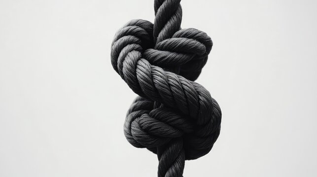Close-up view of a black rope knot elegantly arranged against a minimalist white background showcasing texture and craftsmanship