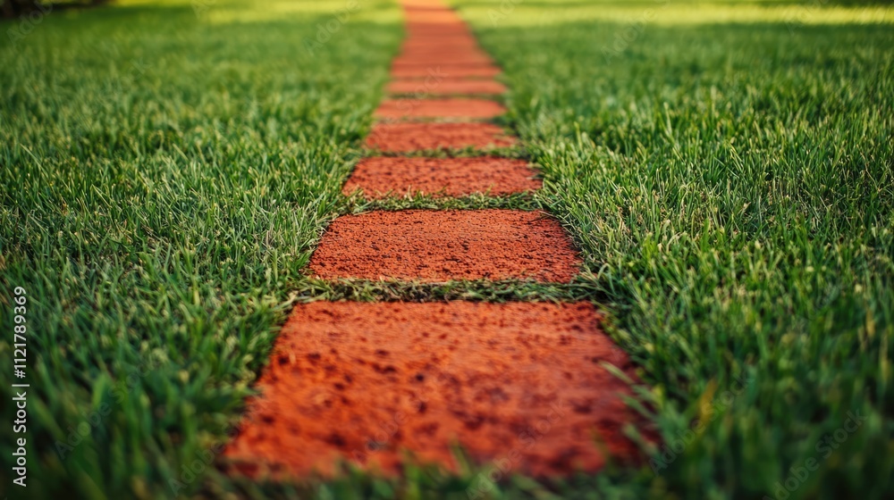 Poster narrow red brick pathway on lush green grass inviting exploration and tranquility in a serene outdoo