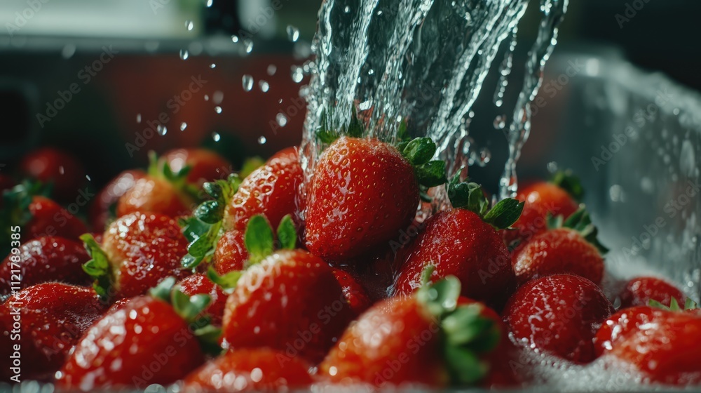 Poster fresh ripe strawberries being rinsed under running water with selective focus on droplets and vibran