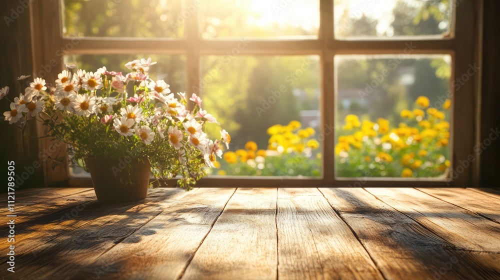 Poster rustic wooden table adorned with blooming flowers and warm sunlight filling the background through a