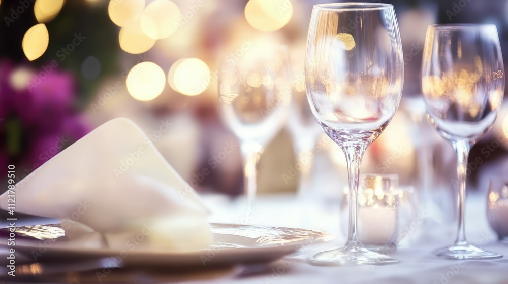 Poster Elegant restaurant table setting with blurred bokeh lights creating a warm ambiance for fine dining experience